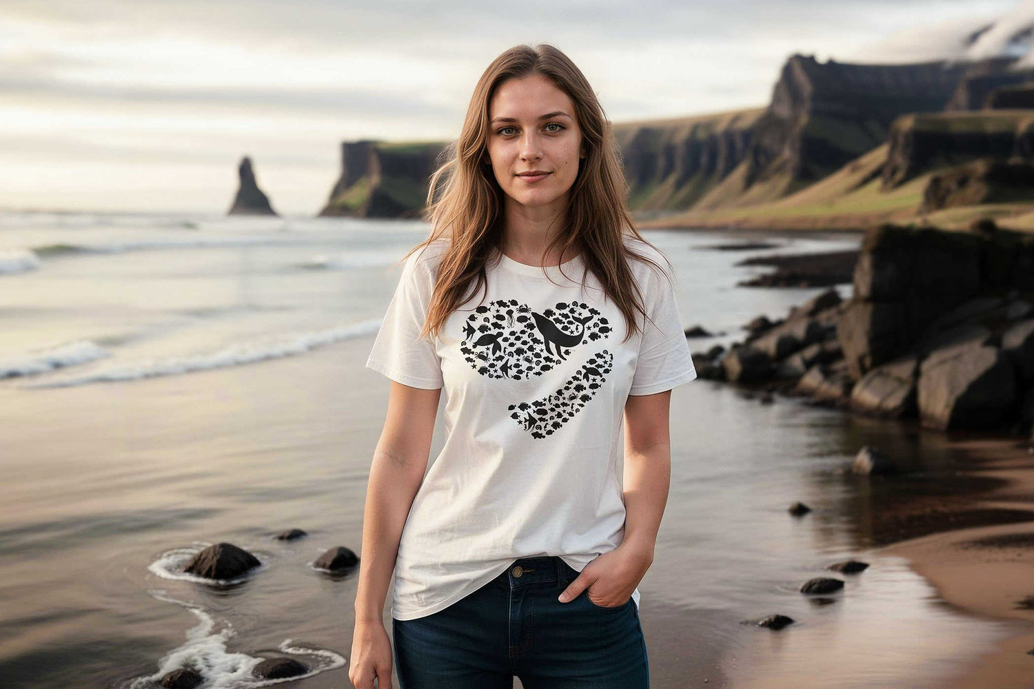 Eine Frau mit langen Haaren trägt ein weißes T-Shirt mit Herz-Motiv und posiert an einer Küste.